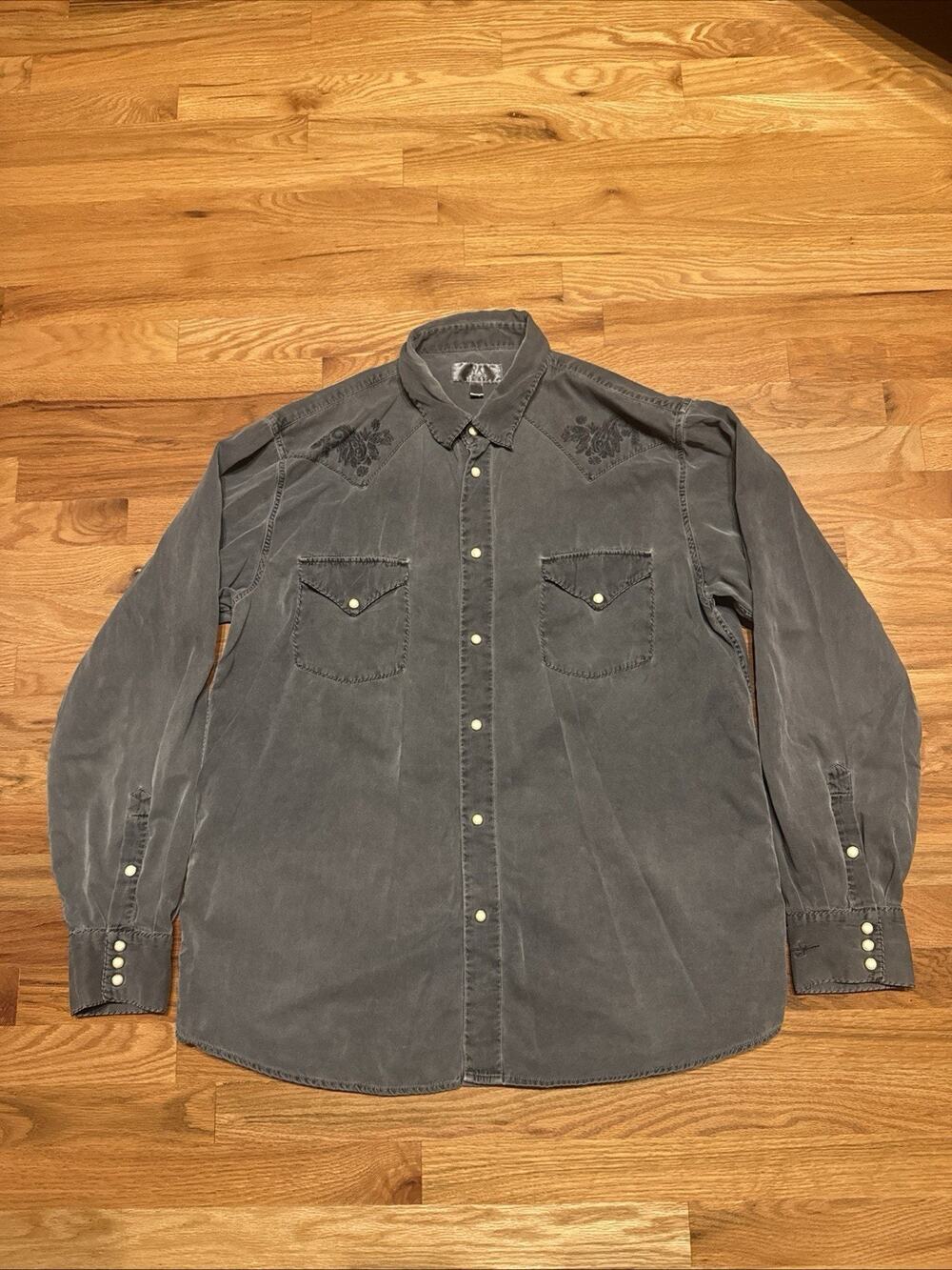 Ryan Michael Men's Silk Blend Western Pearl Snap Button Down Shirt Gray Size XL